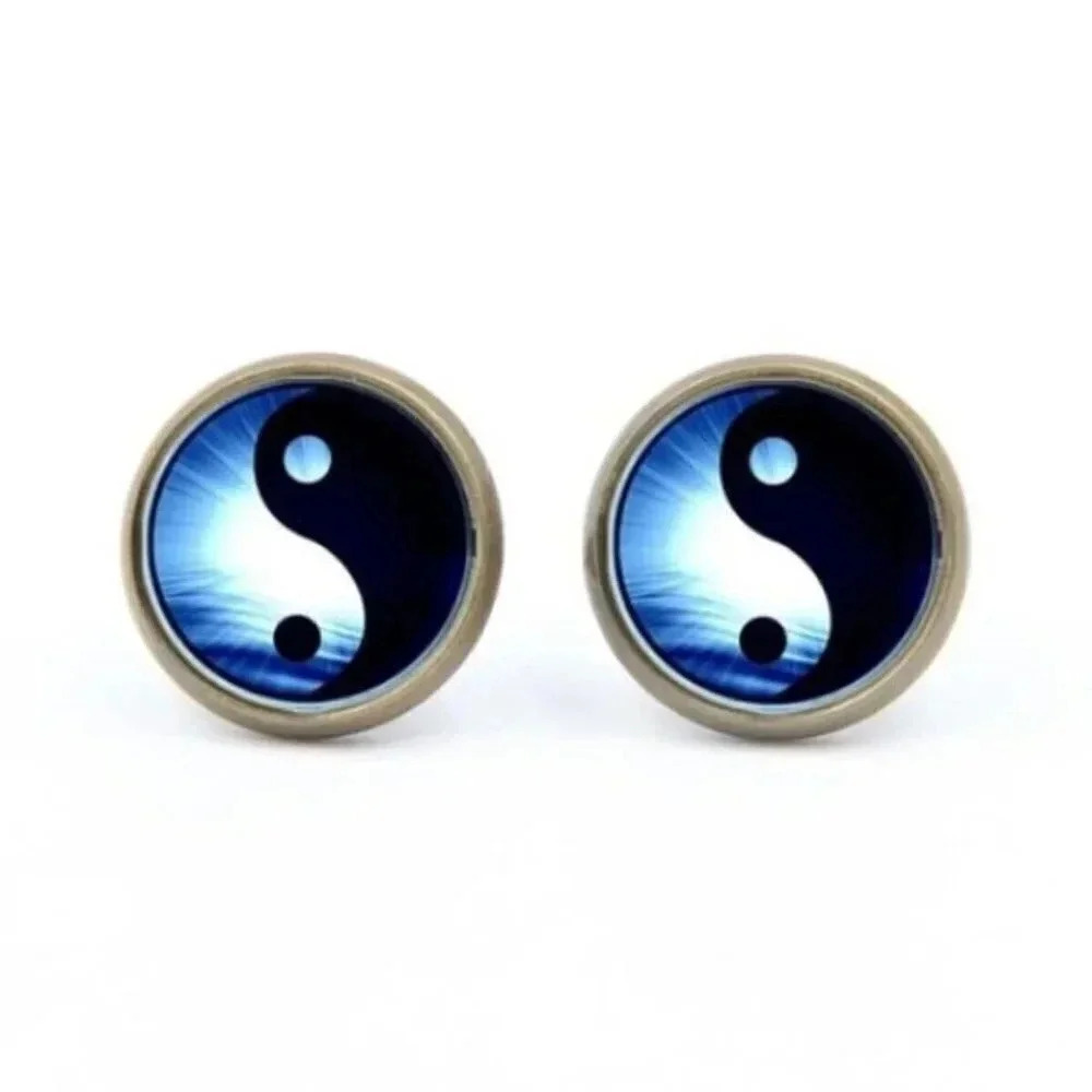 Yin Yang Zen Blue White Black Glass Cabochon Round Antique Bronze Stud Earrings